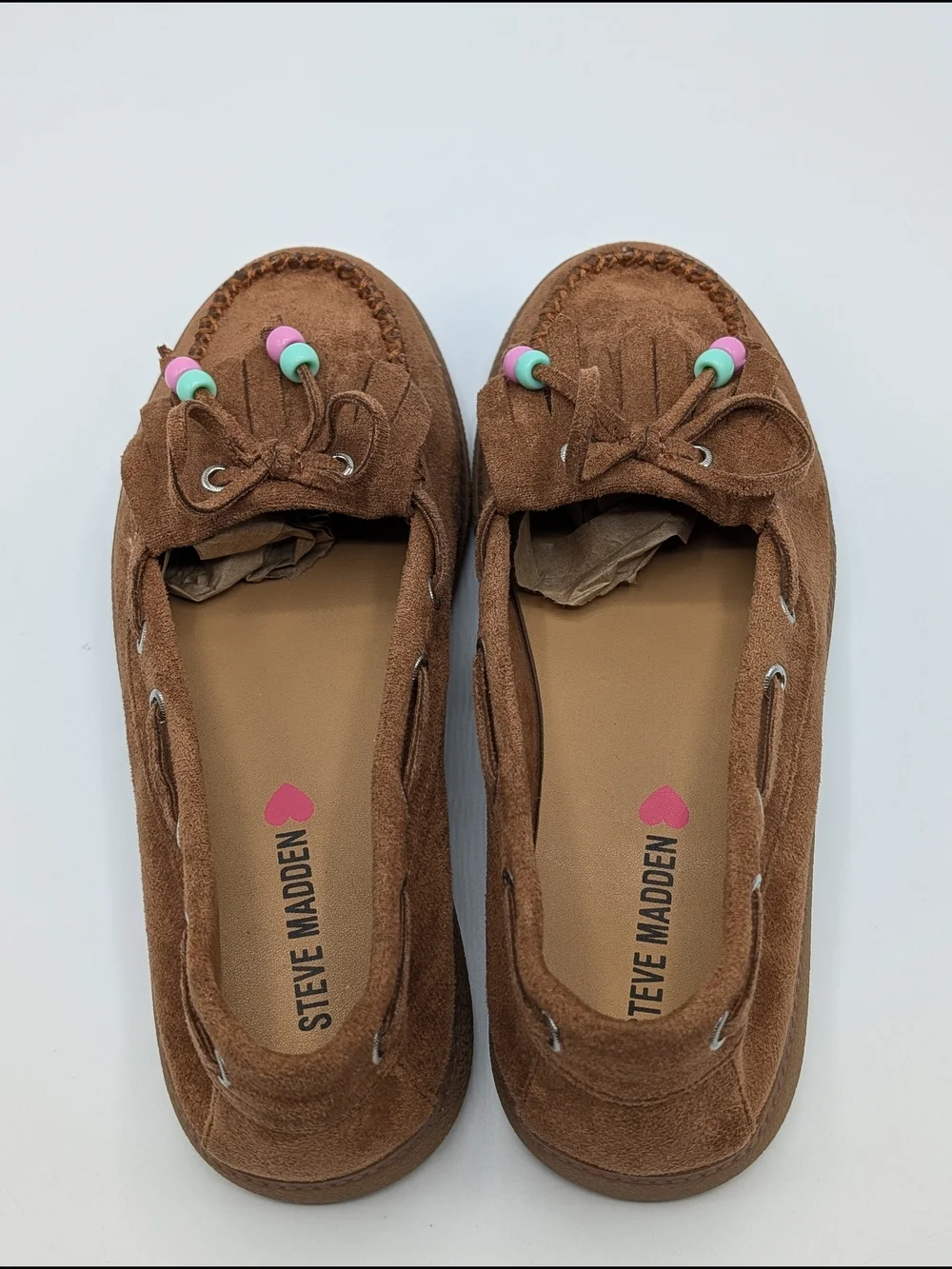Steve Madden Girls Big Kids 3 Tan Suede Bow Moccasin Loafers with Bead Accents